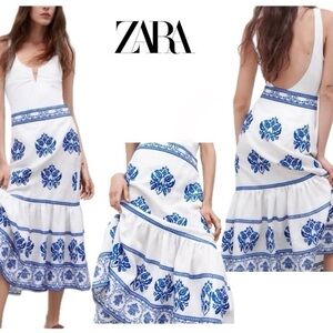 Zara white blue embroidered linen Spanish trumpet midi skirt XS NWOT bloggers